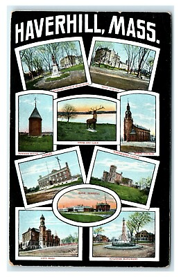 #ad Postcard Haverhill MA Multi View black Hospital Church Monument I9