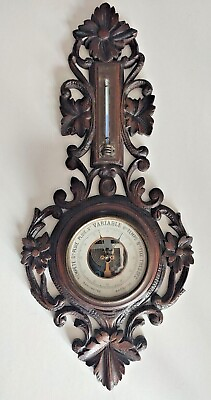 #ad Antique Wall Wood Carved Black Forest Flower Barometer Signed quot; EH Parisquot;