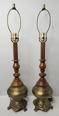 Vtg Pair Table Lamp Brass Wood Ornate Fleur De Lis Hollywood Regency Mid Century