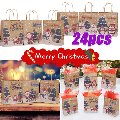 24 48PCS Paper Xmas Kraft Paper Gift Bags w Handles for Holiday Boutique Party