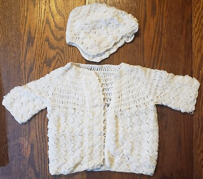 #ad #ad Glo Knit Baby Girl Cardigan White Handmade Crochet Infant Sweater w Bonnet Hat