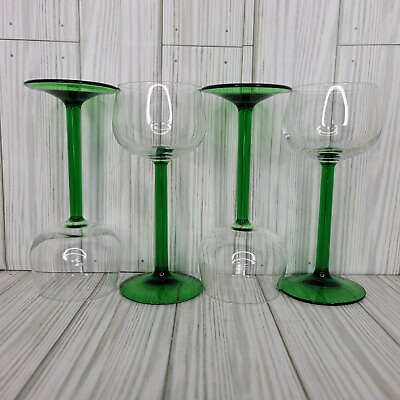 4 PC Vintage Luminarc Green Stem Wine Glasses 6.5quot; France Emerald Goblet