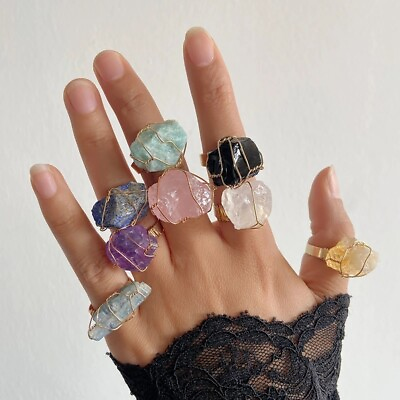 Natural Raw Genuine Crystal Rings Wire Wrapped Women Men Resizable Ring Gifts