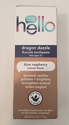 Hello Kids Dragon Dazzle Fluoride Toothpaste Blue Raspberry 4.2oz Exp 3 23