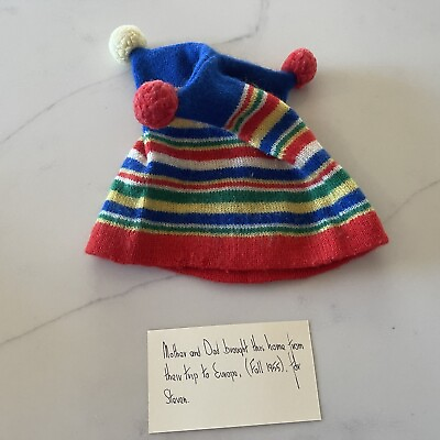 #ad 1950’s Knit Baby Hat Handmade In Europe 3 Pom Pom’s Stripes