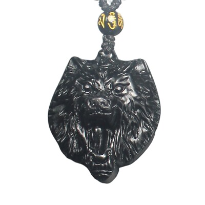 #ad Natural black Obsidian Wolf head Necklace Crystal pendant with bead chain