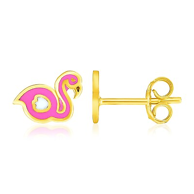 #ad 14k Yellow Gold Enameled Flamingo Childrens Earrings