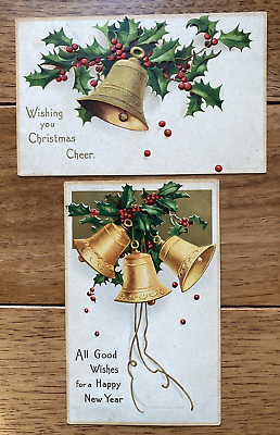 #ad Antique Ellen Clapsaddle signed Post Cards Christmas Cheer New Year Bells Holly