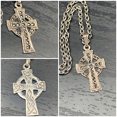 #ad Sterling Silver .925 Marcasite Celtic Cross Crucifix Pendant Vintage
