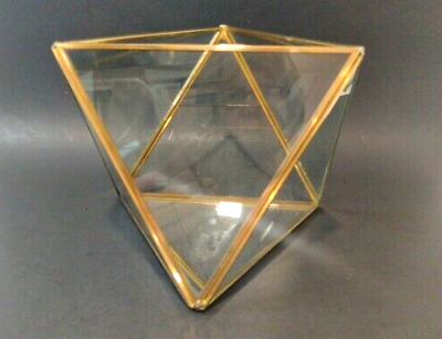 #ad Geometric Triangular Glass amp; Gold Tone Metal Display Container w Mirrored Bottom