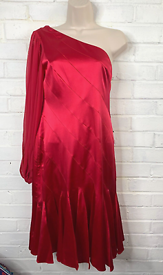 #ad Karen Millen Silk Dress Sz 12 One Shoulder Satin Red Panel Sheer Balloon Sleeve