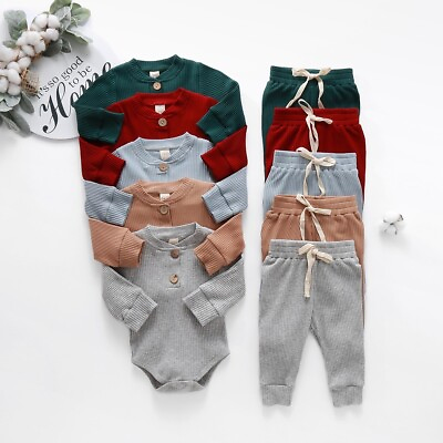 #ad Newborn Infant Knit Baby Boy Girl Clothes Set Long Sleeve Button Romper Pants