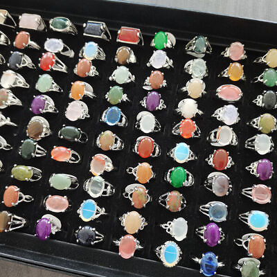 #ad 5 100Pc Wholesale Lot Mixed Ring Natural Stone Rings Women Gemstone Jewelry Bulk