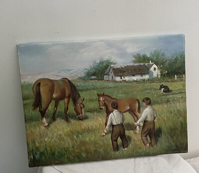 #ad Original Painting French 16x12” Artwork Farm Horses Boys Hand Painted OOAK Art