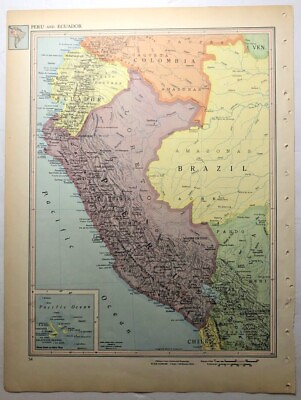 #ad 1954 Vintage PERU ECUADOR Antique Atlas Map Mid Century Modern Britannica Atlas
