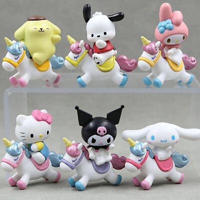 6pcs Kuromi My Melody Cinnamoroll on Horse Figures Hello Kitty Pochacco Doll Toy