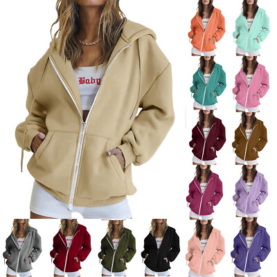 #ad Womens Loose Long Sleeve Zipper Hooded Coat With Pocket Winter Sweatshirt Tops