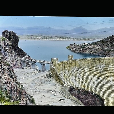 #ad Vtg Magic Lantern Glass Slide Photo Arizona Roosevelt Dam Color 1925