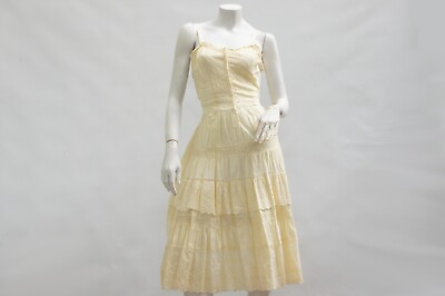 #ad Vintage 70s Creme Lace Trim Tiered Dress