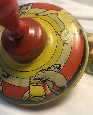 Antique Tin Litho Spinning Top Toy Animals Chasing Bunny Puppy Mouse Kitten