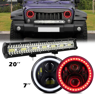#ad 7quot; Round LED Headlights Red Amber Halo 20#x27;#x27; Light Bar for Jeep Ford Pickup SUV
