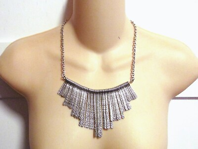 #ad Belly Dance Ethnic Tribal Silver Collar Necklace Metal Embossed Spikes Fringe