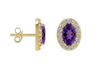 #ad New 14K Gold Purple Amethyst amp; Natural Diamond Halo Stud Earrings With Pushback