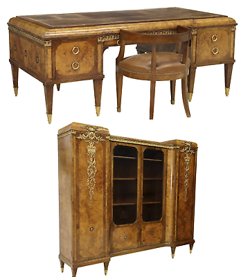 Antique Desk Office Suite French Oromlu Mounted Burlwood 3 Piece Set 1800#x27;s