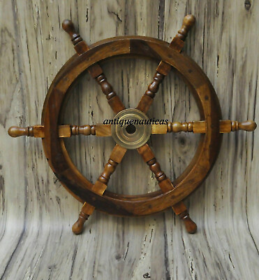 18quot;Nautical Wooden Ship Steering Wheel Pirate Decor Wood Brass Fishing Wall Boat