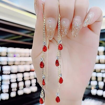 #ad Fashion Waterdrop Crystal Tassel Earrings Line Women Drop Dangle Jewellery Gift