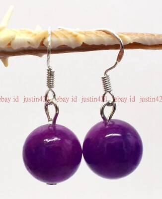#ad Fashion 12mm Purple Sugilite Round Gemstone Beads 925 Silver Hook Earrings AAA