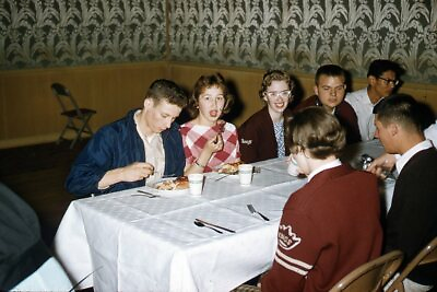 #ad Kodak Slide 1950s Red Border Kodachrome Cool Teens at Dinner Kings School Coat