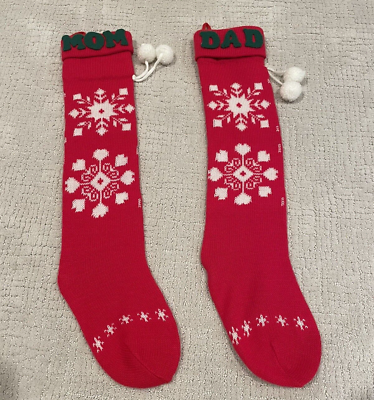 #ad Vintage Knit Santa Claus Christmas Stockings Red Mom Dad Lot of 2