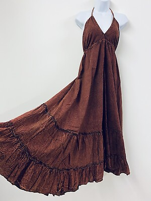 #ad Cotton Dress Long Burgundy Boho Vintage Gypsy Maxi Summer Indian One Size Brown
