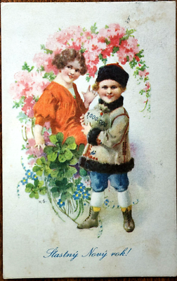 #ad Vintage Postcard Czechoslovakia 1928 Happy New Year Stop by Kisses