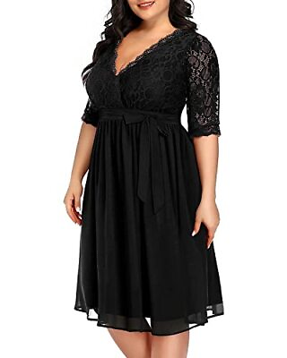 #ad Pinup Fashion Black Cocktail Dress Plus Size Women Lace Top Wrap V Neck Dress 18