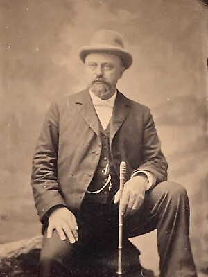 Tin Type Photograph Picture Antique Top Hat Suit Cane Bear Mustache