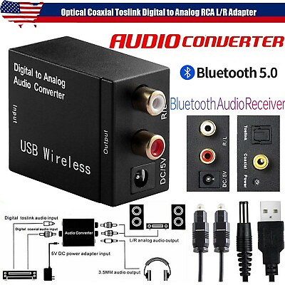 Digital Optical Coaxial to Analog RCA L R Audio Converter Adapter w Fiber Cable
