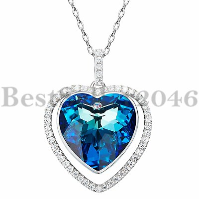Sterling Silver Titanic Heart of The Ocean Made with Swarovski Crystal Necklace