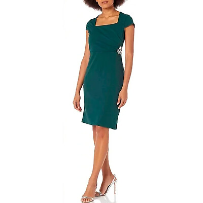 #ad Ignite Evenings Size 14 Solid Green Cap Sleeve Dress Embellished Square Neck