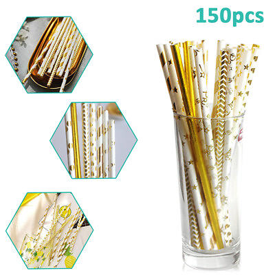 150 PCS Paper Straws Biodegradable Party Birthday Wedding For Juices Drink Gold