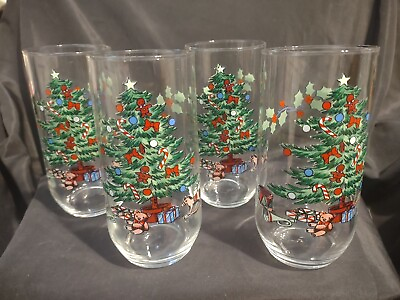 Set of 4 Vintage Luminarc Christmas Tree Noel Holiday Tumblers Glasses 16 Oz