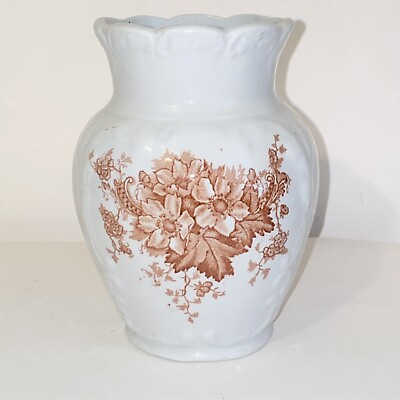 #ad Antique Royal England Brown Floral Transferware Scalloped Rimmed Vase
