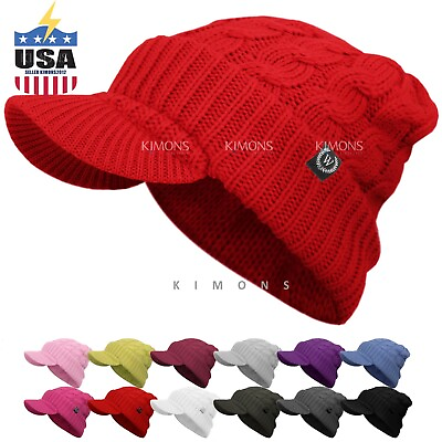 Visor Cable Knit Slouchy Baggy Beanie Oversize Winter Hat Ski Cap Solid Women