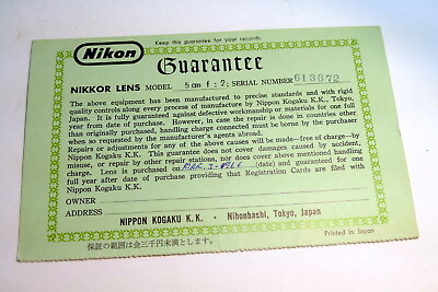 Nikon warranty card 1966 model 5cm f2 lens auto Nikkor vintage