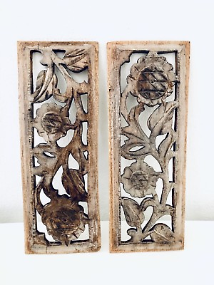 Rare Beautiful Wall Wooden Antique 2 Panels Floral Handcarved Vintage Panels