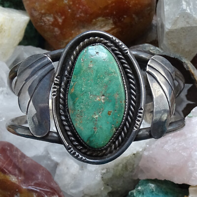 #ad Old Navajo Natural Green Turquoise Cuff Bracelet Beautiful Sterling Old Patina