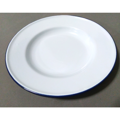 #ad 7quot; White enamel camping round dishes blue trim enamelware bowl Plates vintage