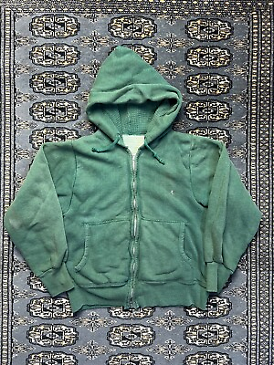 #ad Vtg 60s Full Zip Waffle Lined Hoodie Size S Green Double Face