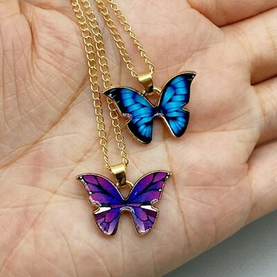 Fashion Blue Butterfly Animal Enamel Pendant Necklace Chain Women Party Jewelry